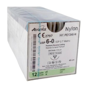 Szwy ATRAMAT NYLON 6/0 PE13 dł.45cm igła  3/8 koła odwrotnie tnąca ref. PE1346-N (12 szt.)