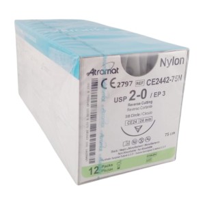 Szwy ATRAMAT NYLON 2/0 CE24 dł.75cm igła  3/8 koła odwrotnie tnąca ref. CE2442-75N (12 szt.)