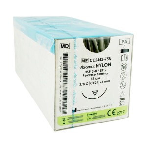 Sutures ATRAMAT NYLON 3/0 CE24 length 75cm needle 3/8 circle reverse cutting ref. CE2443-75N (12 pcs)