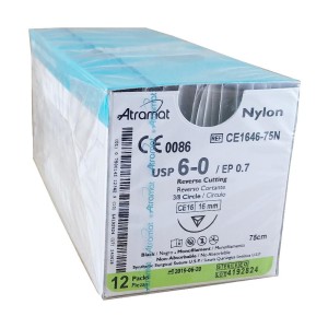 Szwy ATRAMAT NYLON 6/0 CE16 dł.75cm igła  3/8 koła odwrotnie tnąca ref. CE1646-75N (12 szt.)