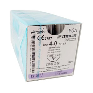 Szwy ATRAMAT PGA 4/0 CE-19 długość 75cm   igła 3/8 koło odwrotnie tnąca BEZBARWNE ref. CE1994-75B (12 szt.)