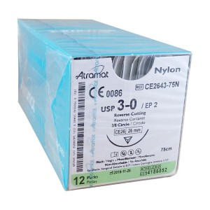 Szwy ATRAMAT NYLON 3/0 CE26 dł.75cm igła  3/8 koła odwrotnie tnąca ref. CE2643-75N (12 szt.)